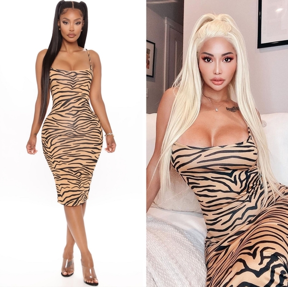 Fashion Nova Danger Zone Tiger Print Midi Bodycon Dress Tan Brown Large NEW NWT - Picture 3 of 7